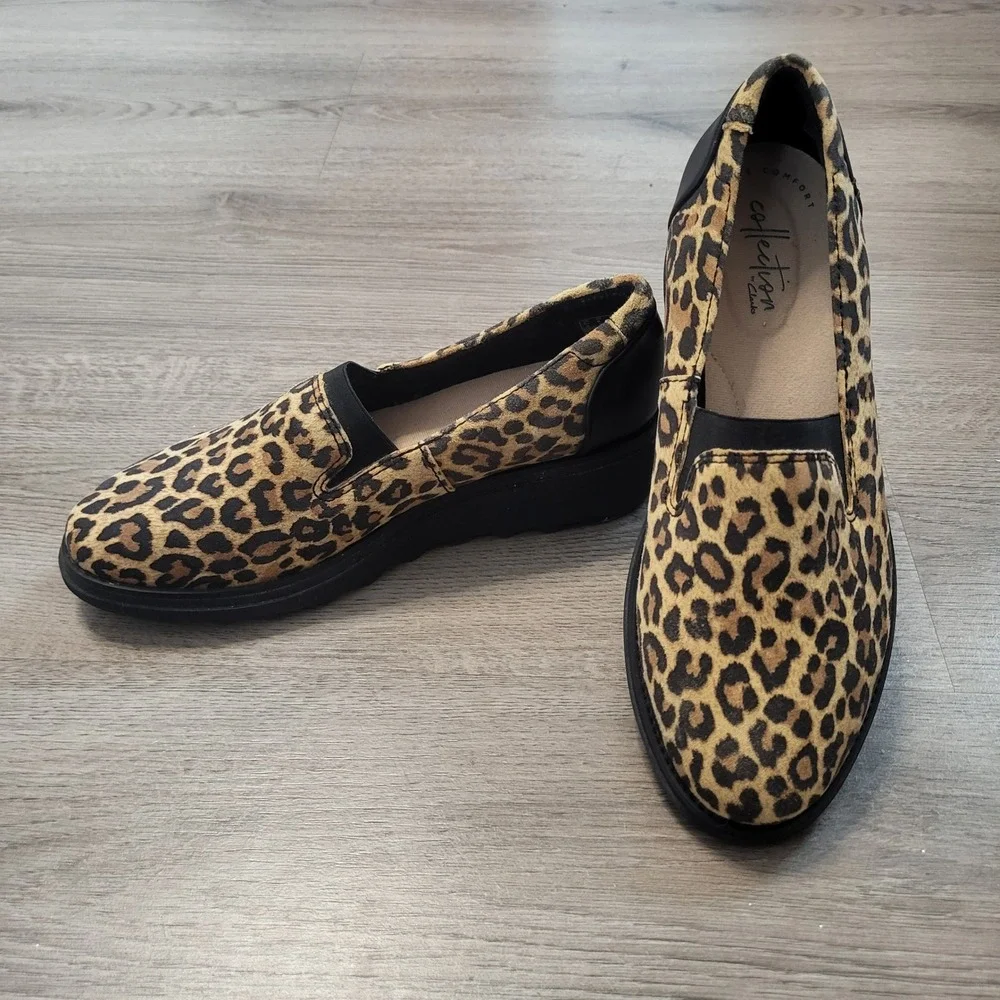 Clarks Collection Leopard Print Wedge Loafers Slip On Shoes Brown Black Womens 6